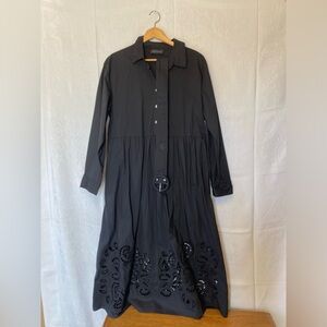 Tahari Black Eyelet Cotton Collard Classic Dress Size Medium with belt Cocktail